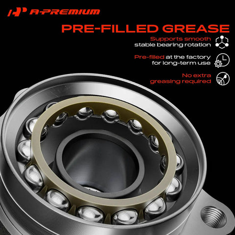 Front Driver And Passenger Side Steering Knuckle And Wheel Bearing Hub Assembly For Toyota Corolla And Matrix 2009 To 2018 close-up showing pre-filled grease and ball bearings.