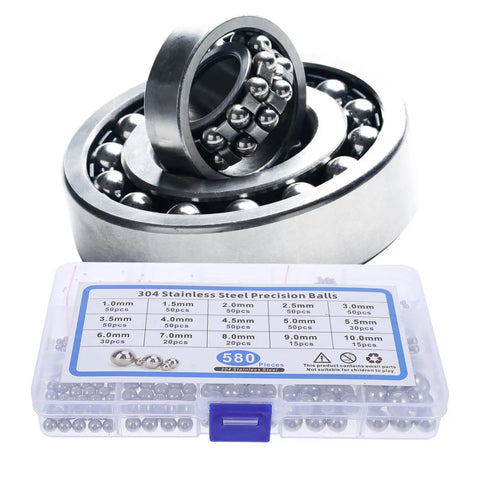 580 Piece Stainless Steel Bearing Balls Assortment Kit Featuring Dead Nuts Accurate Sizing And A Hassle Free Setup showing an assortment of precision balls and bearings.