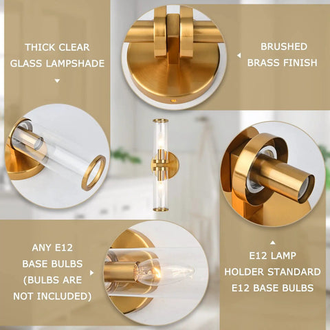 Gold Wall Sconce Lights Two Pack With Candle Shaped Glass Shades Brushed Brass Mid Century Vanity Wall Lamps details