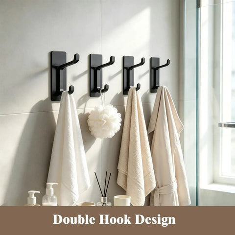 Heavy Duty Self Adhesive Hooks Matte Black Pack Of 3 Rust Proof Stainless Steel No Drill Wall Mount displaying towels in bathroom