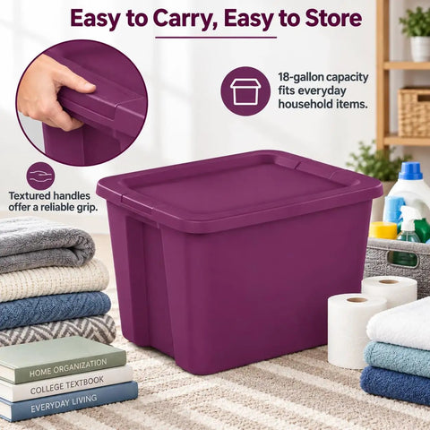 Top Shelf 18 Gallon Storage Bin With No Sweat Snap On Lid in magenta with textured handles, ideal for organizing household items.