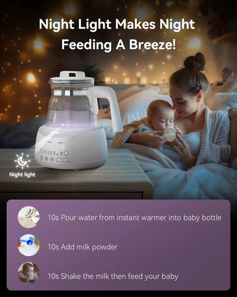 Bottle Warmer With Night Light And Fast Cooling Fan Instant Water Warmer For Bottles Electric Tea Kettle Style with 6 Presets. Background shows mom feeding baby at night.