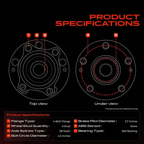 Product specifications for Premium Wheel Bearing Hub Assembly For Front Or Rear Sweet Ride showing top and under views.