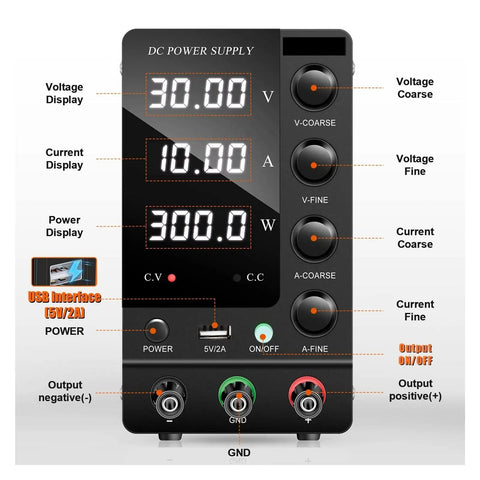 Built Tough Lab Bench DC Power Supply For Dead Reliable Electronics Testing With Precision Dial Controls Offering Adjustable 60V 5A And 30V 10A Output With Digital Displays.