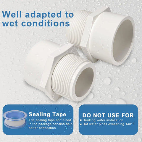 Two Pack One And A Half Inch PVC Male Thread Fittings With Slip Socket Two Way Pipe Couplers For Schedule Forty PVC White Includes Four Meter Seal Tape For Easy Installation And Leak Free Connections shown in wet conditions