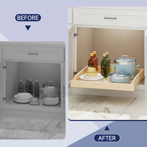 Before and after showing Smooth Glide Pull Out Cabinet Organizer Heavy Duty Wood Drawer Slide For Kitchen Base Cabinets And Pantry Storage.