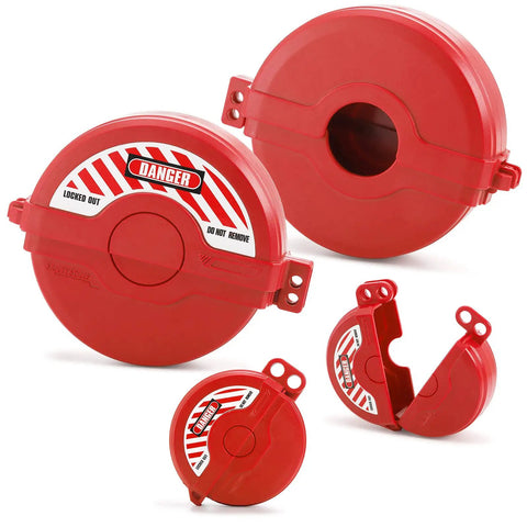Four Pack Gate Valve Lockout Device Kit For 1 To 2.5 Inch And 2.5 To 5 Inch Valve Handles, showing two red lockout devices