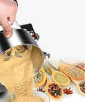 Powerful 2000g Stainless Steel Electric Grain Grinder Mill pouring ground spices with durable blades for commercial use