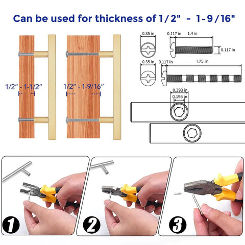 Installation guide for Top Shelf Champagne Gold Square Cabinet Handles For Modern Kitchen Drawers with measurements and tools.