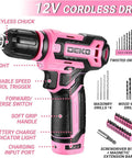 Badass Pink 12V Cordless Drill Driver Kit for Women With Legit Storage Case Built for Weekend Warriors and DIY Besties Ready to Nail Any Home Project Smooth Operator Heavy Duty Repair Tool Set Renewed showing features like LED light and soft grip handle.