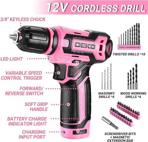 Badass Pink 12V Cordless Drill Driver Kit for Women With Legit Storage Case Built for Weekend Warriors and DIY Besties Ready to Nail Any Home Project Smooth Operator Heavy Duty Repair Tool Set Renewed showing features like LED light and soft grip handle.