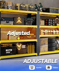 Heavy Duty Metal Garage Shelving Unit, A Dang Solid Shop Storage Rack That Tackles Every Heavy Tool Without Cracking A Sweat, Industrial Load Bearing Organizer, Black Yellow, 47 By 79 By 24 Inches with adjustable shelves holding tools.