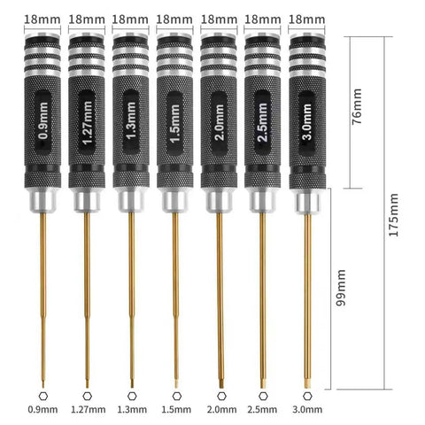 Heavy Duty Pro Grade Titanium Coated Hex Screwdriver Kit With Seven Precision Steel Bits for FPV Racing Drones, showing seven hex sizes.