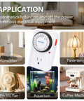Straightforward Setup 24 Hour Mechanical Plug In Timer With Multiple On Off Cycles for various devices like a humidifier and lamp.