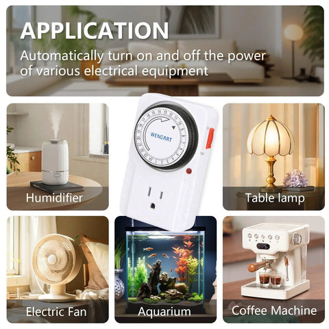 Straightforward Setup 24 Hour Mechanical Plug In Timer With Multiple On Off Cycles for various devices like a humidifier and lamp.