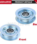 Heavy Duty Idler Pulley Replacement 2 Pack Fits John Deere D140 L130 LA145 GY22172 GY20067 showing front and back views of the pulleys.