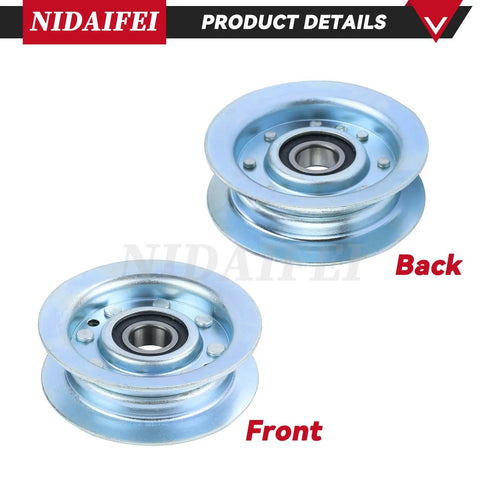 Heavy Duty Idler Pulley Replacement 2 Pack Fits John Deere D140 L130 LA145 GY22172 GY20067 showing front and back views of the pulleys.
