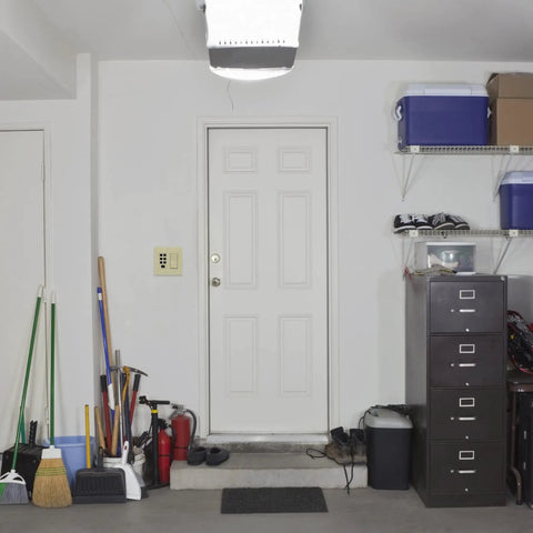 Zero Neutral Wires Needed For This Super Convenient Countdown Timer Switch That Works Like A Champ On Ceiling Fans And Lights Offers No Sweat Programming Saves Some Serious Bucks And Delivers Reliable Automatic Shutoff Guaranteed in a garage setting with cleaning tools and storage.