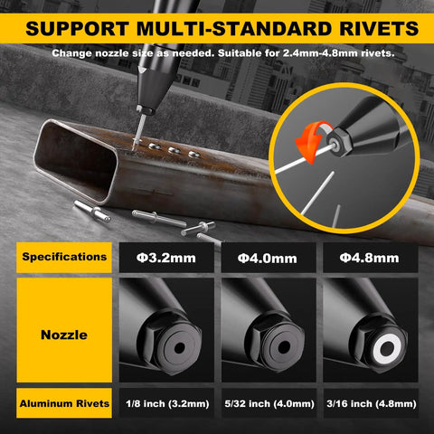 Top Tier Cordless Electric Rivet Gun Tool Only Fits Standard 20V Batteries With A Slick One Touch Forward Reverse Switch for Knocking Out Rivets Like a Boss on Truck Builds or Shop Projects with multi-standard nozzle options