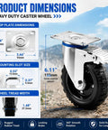 Set Of Four Five Inch Heavy Duty Caster Wheels Packed With Bully Solid Rubber Tires That Roll Smooth Across All Terrain, showing dimensions and features.