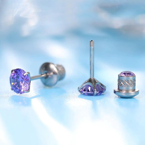 Top Shelf Implant Grade Titanium Screw Back Earrings Hypoallergenic Nickel Free Frame with Purple Gemstones and Post Details.