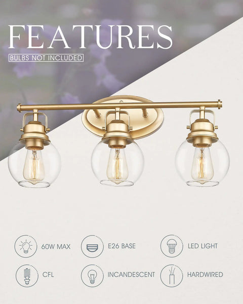 Gold Finish Sleek Modern Vanity Light Fixture With Three Clear Glass Globes Over Mirror For Bathroom Renovation Brighten Your Sink Area Easy Installation Stylish And Durable Bath Lighting