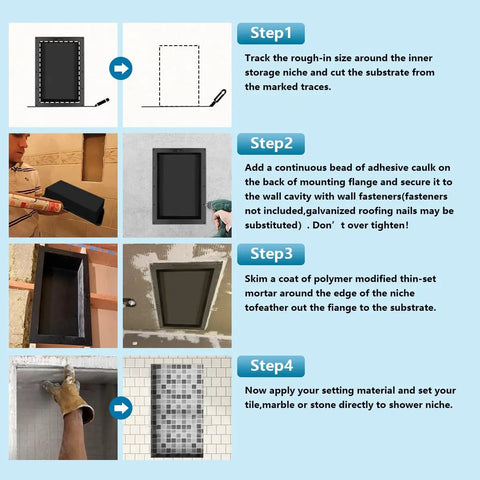 Installation guide for shower niche shelf, showing step-by-step process and tools required for tiled bathrooms.