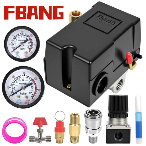 Air Compressor Pressure Switch With Regulator and Gauge, 90 to 120 PSI Switch, featuring installation components and gauges.