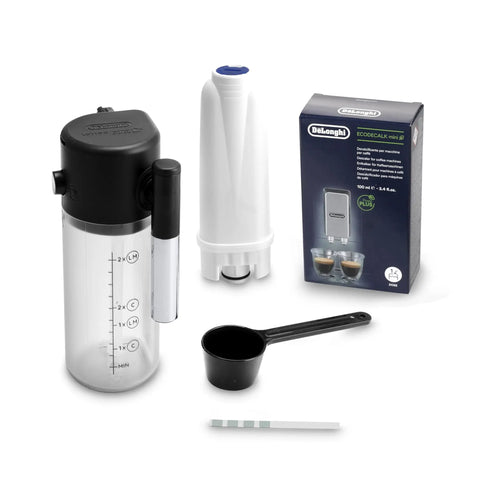 Automatic Espresso Machine With Built In Grinder And Auto Milk Frother Five One Touch Drinks For Lattes Cappuccinos Espresso And More Easy To Clean Barista Vibe At Home Coffee Maker For Iced Coffee, showing accessories including a milk frother, filter, cleaning solution box, scoop, and test strip.
