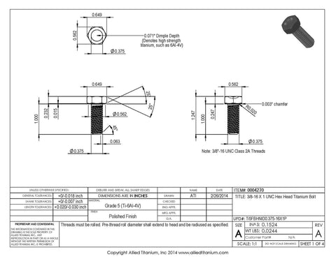 Pack Of 10 Badass 3/8-16 X 1 UNC Titanium Hex Head Bolts Grade 5 Ti-6Al-4V technical drawing with dimensions.