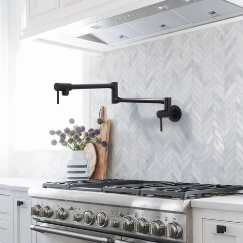 Solid Brass Pot Filler Faucet With Matte Black Finish Wall Mount Folding Kitchen Sink Filler Faucet Retractable 360 Degree Swivel No Fuss Single Hole With Dual Handles For Stove And Sink in modern kitchen