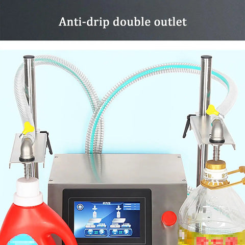 Double Head Automatic Liquid Filling Machine For Bottles with anti-drip double outlet and digital display for precise filling.