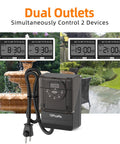 Outdoor Digital Light Timer Outlet 7 Day Programmable Plug In Switch With Dual Grounded Sockets controls two devices for outdoor use.