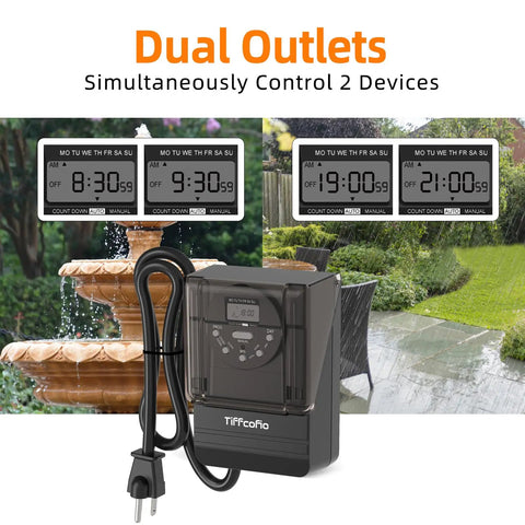 Outdoor Digital Light Timer Outlet 7 Day Programmable Plug In Switch With Dual Grounded Sockets controls two devices for outdoor use.