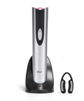 Cordless Electric Wine Opener With Automatic Cork Extractor And Precision Foil Cutter With Rechargeable Base on charging tray with foil cutter.