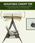 Two Person Patio Swing Bench With Adjustable Shade Canopy Cushions Throw Pillows And Tray Beige Outdoor Seating For Patio Balcony Backyard Poolside Garden Deck Hangout Ready Weatherproof Aluminum Frame, showing adjustable canopy mechanism with close-up of tilt knob on metal frame.