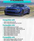 Blue Chevy Camaro on road with text displaying vehicle fitment for Built Tough Heavy Duty Water Pump Kit With Bearing And Seal For Chevy Silverado 1500 Suburban Tahoe Escalade Camaro High Performance Cooling System Replacement.
