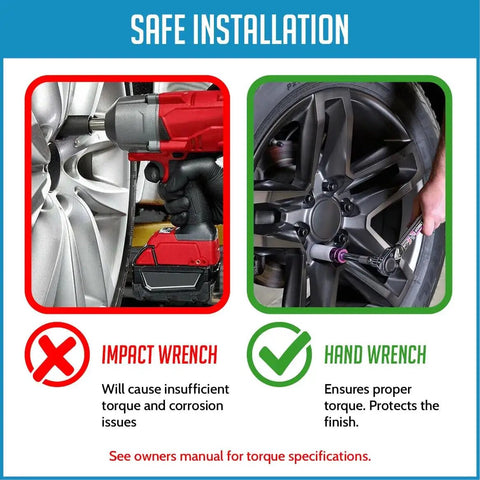 Comparison of impact wrench and hand wrench for safe installation of Four Locking Wheel Lug Nuts With Key M14x1.5 black finish