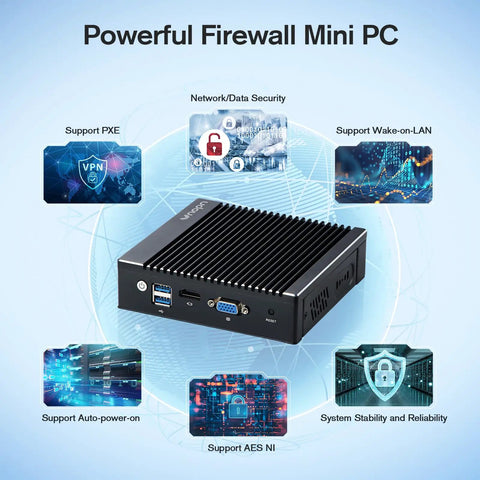Fanless Firewall Mini Pc Powered By Intel J3710 Chipset And Four Native Two Point Five Gbps Ports With Aes Ni Support close-up view with ports and graphics.