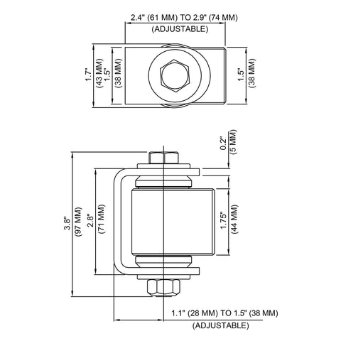 Built Tough Weld On Gate Hinge With Aluminum Body And Steel Bracket dimensions showing adjustable sizes for industrial security install.