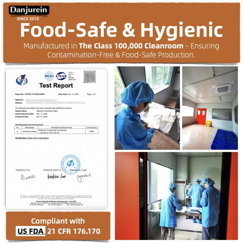 Cleanroom with workers handling food-safe products; FDA compliance certificate visible.