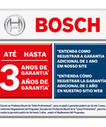 Bosch warranty information sign displaying 3 years of guarantee and registration details in multiple languages.