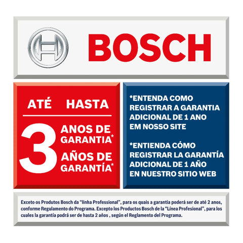 Bosch warranty information sign displaying 3 years of guarantee and registration details in multiple languages.
