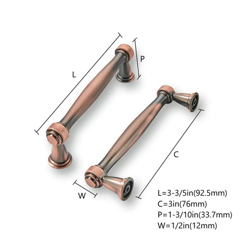 Rock Solid Brushed Antique Copper Cabinet Pulls Two Pack Three Inch Center To Center Vintage Drawer Handles For Kitchen Cupboards and Dressers, dimensions labeled.
