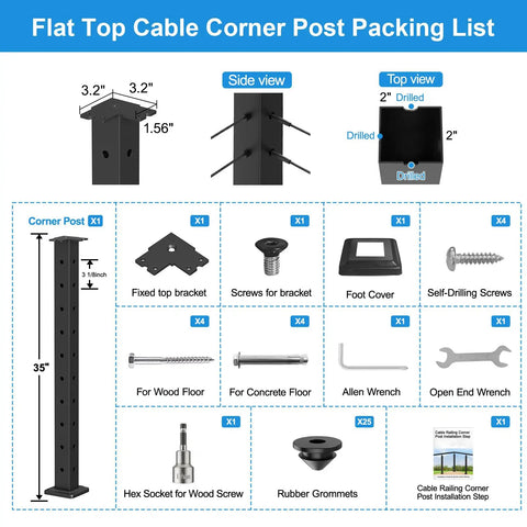 Heavy Duty Black Cable Railing Corner Post For Decks packing list showing dimensions, components, and installation tools.