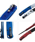 Knifemen Gonna Swear By This Badass 20 Piece Pocket Knife Upgrade Kit Featuring Deep Carry Clip And Omega Springs Compatible With Benchmade Bugout 535, showcasing blue and red pocket knives with clips.