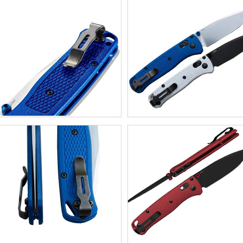 Knifemen Gonna Swear By This Badass 20 Piece Pocket Knife Upgrade Kit Featuring Deep Carry Clip And Omega Springs Compatible With Benchmade Bugout 535, showcasing blue and red pocket knives with clips.