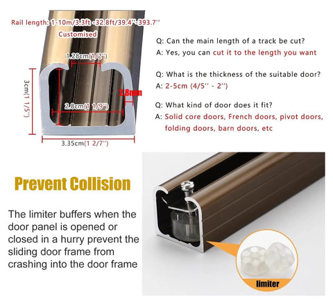 Commercial Grade Bifold Sliding Barn Door Hardware Kit With 28.5 Ft Soft Close Track System, close-up of rail and limiter.