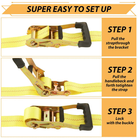 4 Pack Heavy Duty Car Trailer Tie Down Straps Set With 2 Inch By 10 Foot Ratchet Straps J Hooks setup steps graphic