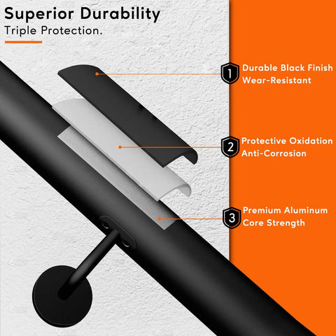 Close-up of Straight Up Heavy Duty 3 Ft Black Aluminum Stair Handrail With 1.5 Inch Pipe Wall Mounted showing durable layers for protection.